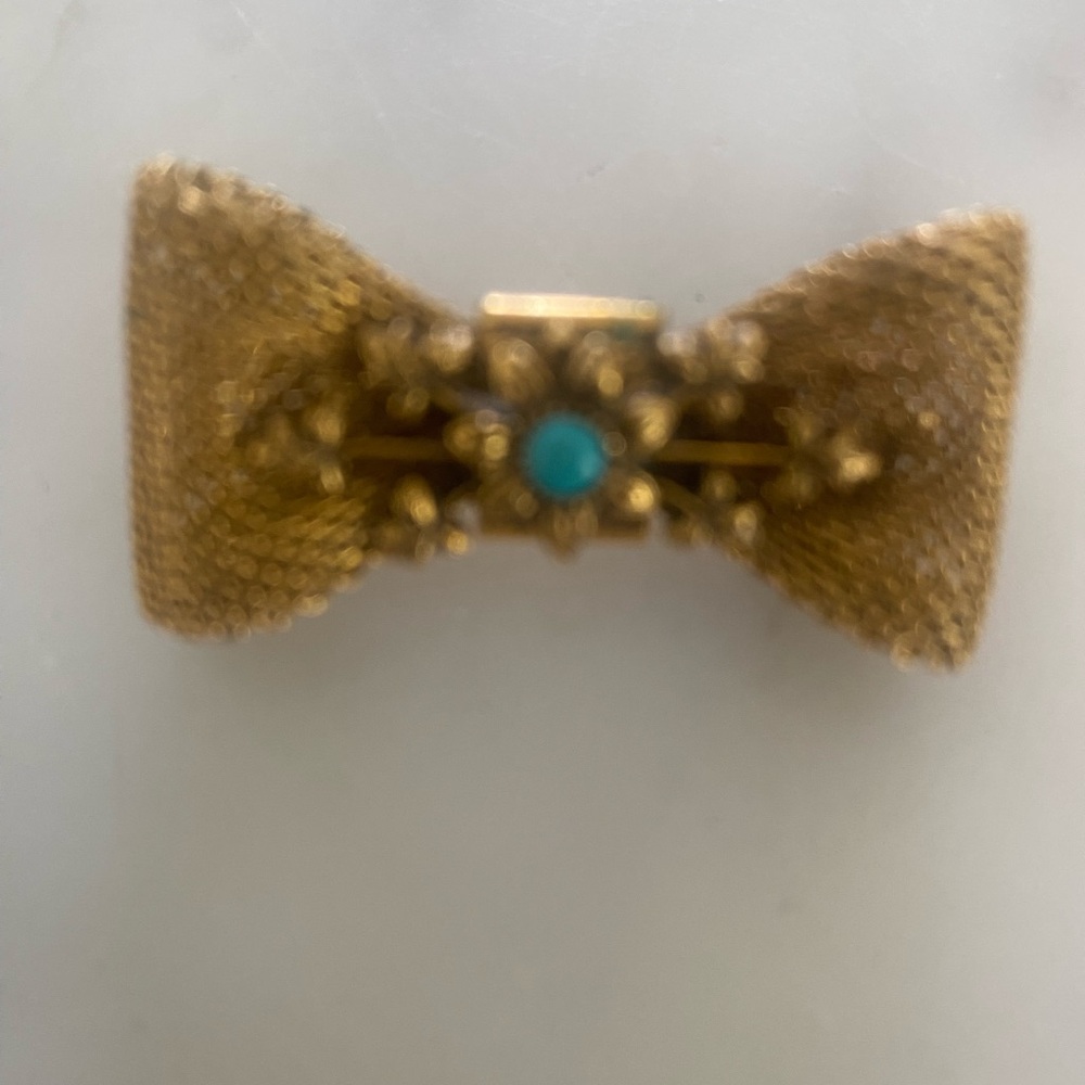 Gold Bow Brooch with Turquoise Accent